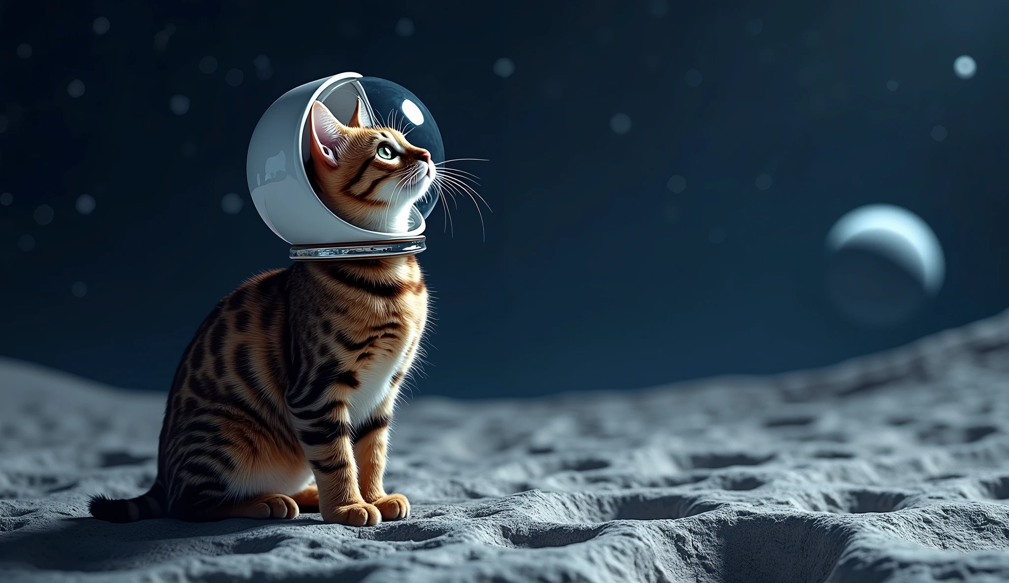Cat looking up at the stars，Bengal cat，Wearing a space suit hat，Cat on the lower right，The ground is full of craters，On the Moon。