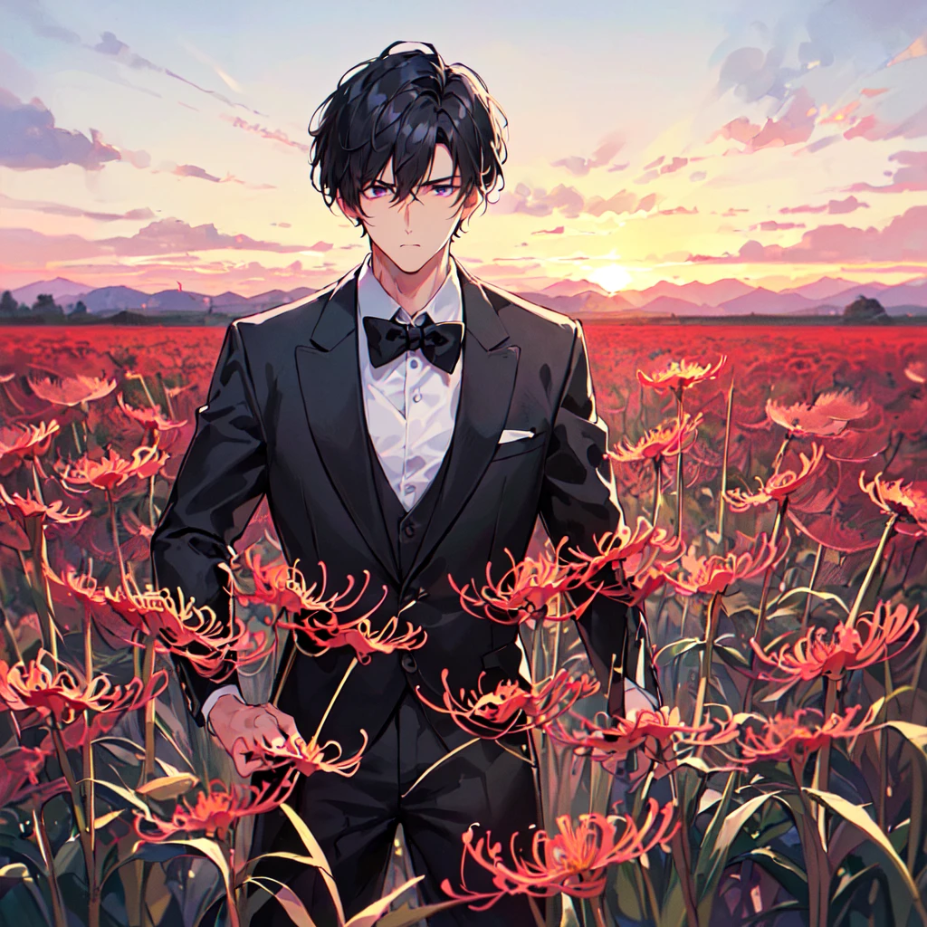 masterpiece,best quality,high quality,(1male austere handsome solo age 30 years old:1.5), purple eyes, cool with suspended eyes, V-shaped eyebrows, body strong and fearless 8.5 head tall, height 185cm, (well-groomed black short hair down to neck:1.4), (bangs 7 thirds parted:1.4), slender nose, faciales, throat, (black suit black tie black pants:1.3), (standing:1.3), (stylish pose), (cool sad expression:1.3), (Red spider lily flower field:1.3) , (sunrise:1.3), (upper body:1.3)