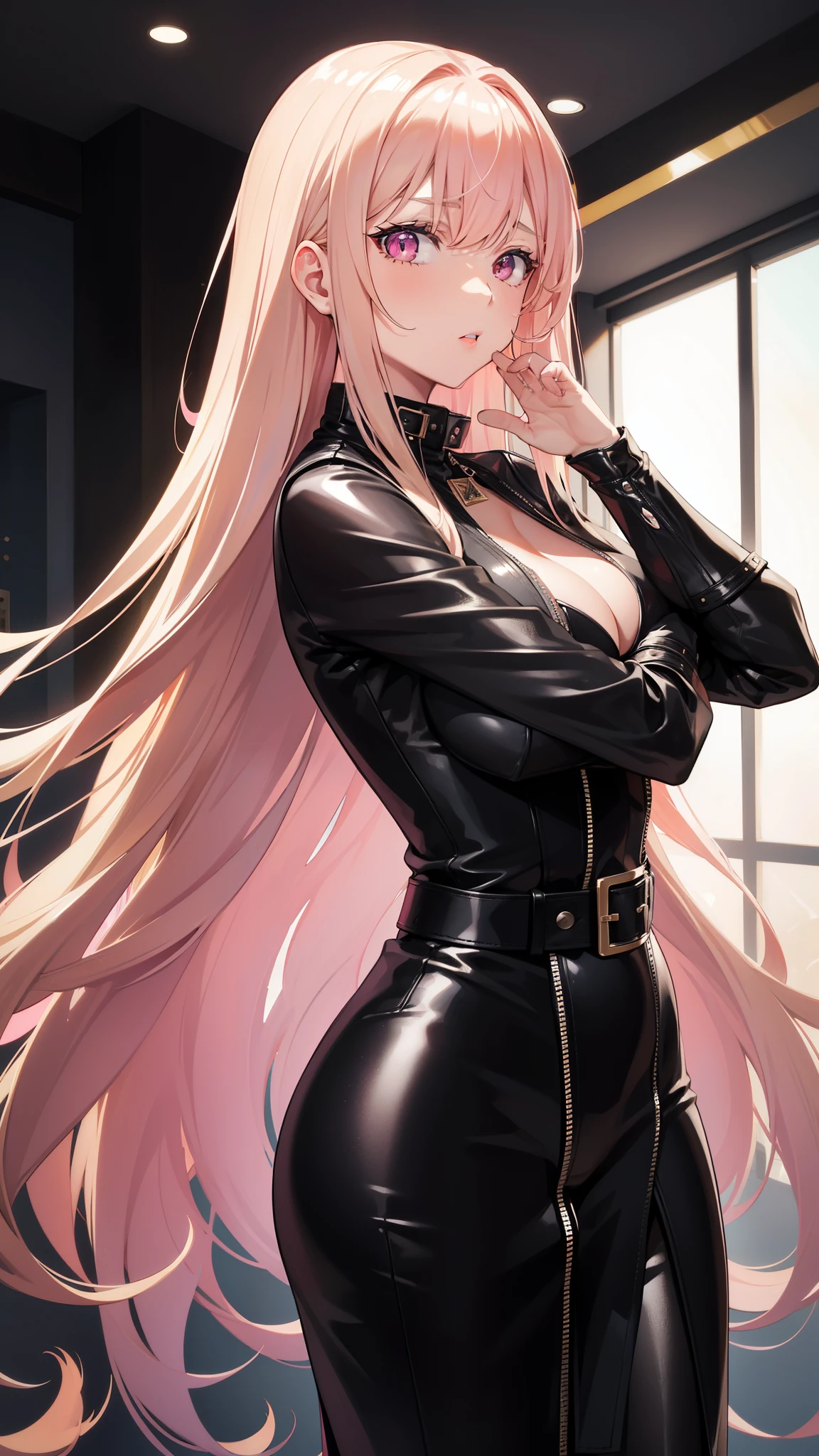 One adult woman, pink eyes, long blonde hair, black leather