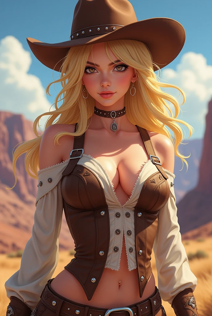 (((top-quality, masterpiece))), (( lot of details), (((depcit very young girl surrounded by ropes))), (((elegant cowgirl))), sexy, blond hair, long hair, straight hair, (((bandage))), (((bound with ropes))), (((arms behind back))), cowboy hat, (wearing leather cowboy clothes), leather revolvers belt, open legs, spread legs, brown eyes, thin , ((small breasts)), ((topless)), nice hips, open shoulders, sassy, (Masterpiece, Excellent, complex details), delicate girl, delicate face, pretty, sunny desert, a western atmosphere, sunset