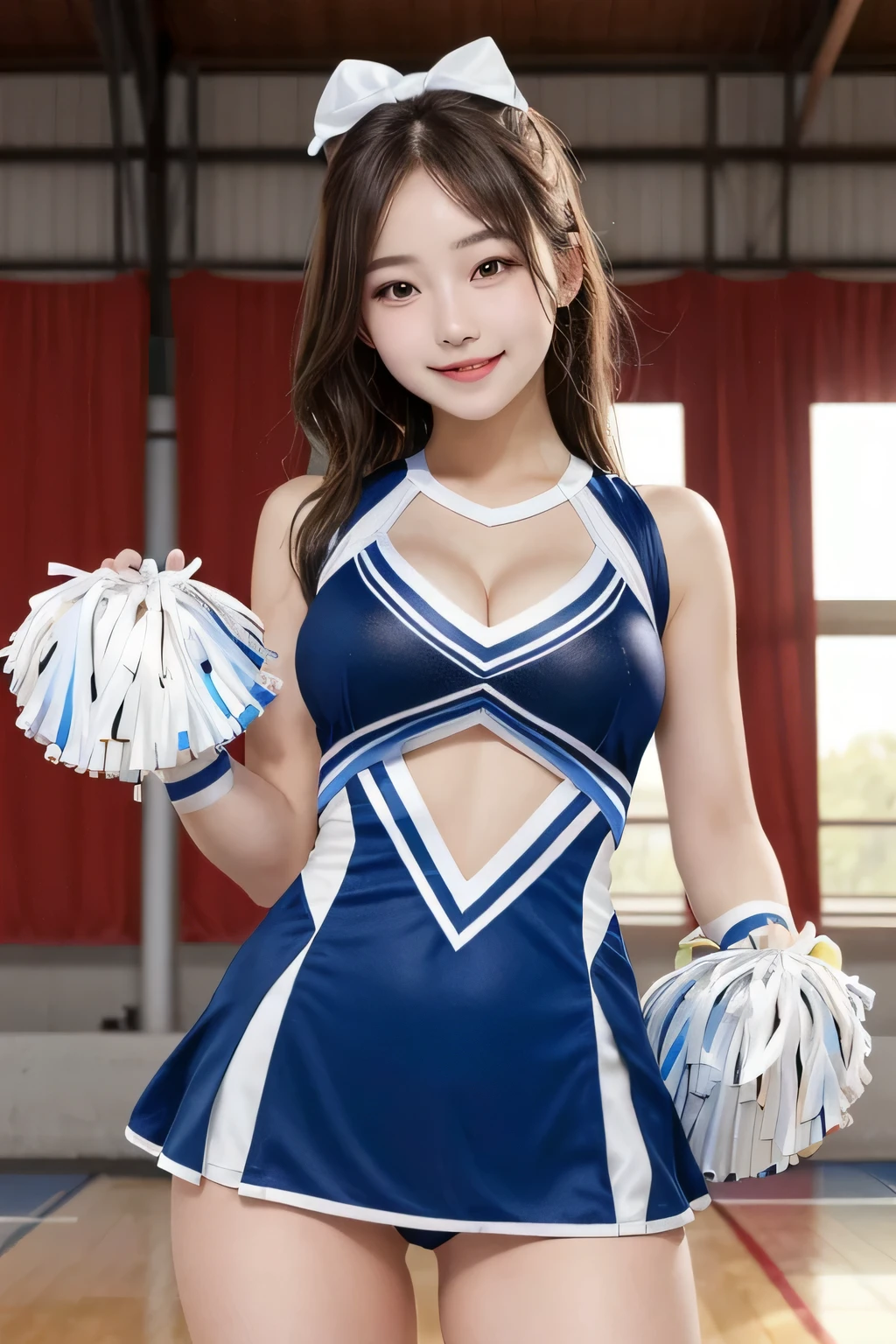 One Girl, 1 person,Highest quality,High resolution,超High resolution,8k,Realistic,Upper Body,encounter_audience,Large Breasts, the body is slim,(cheer Girl:1.2),