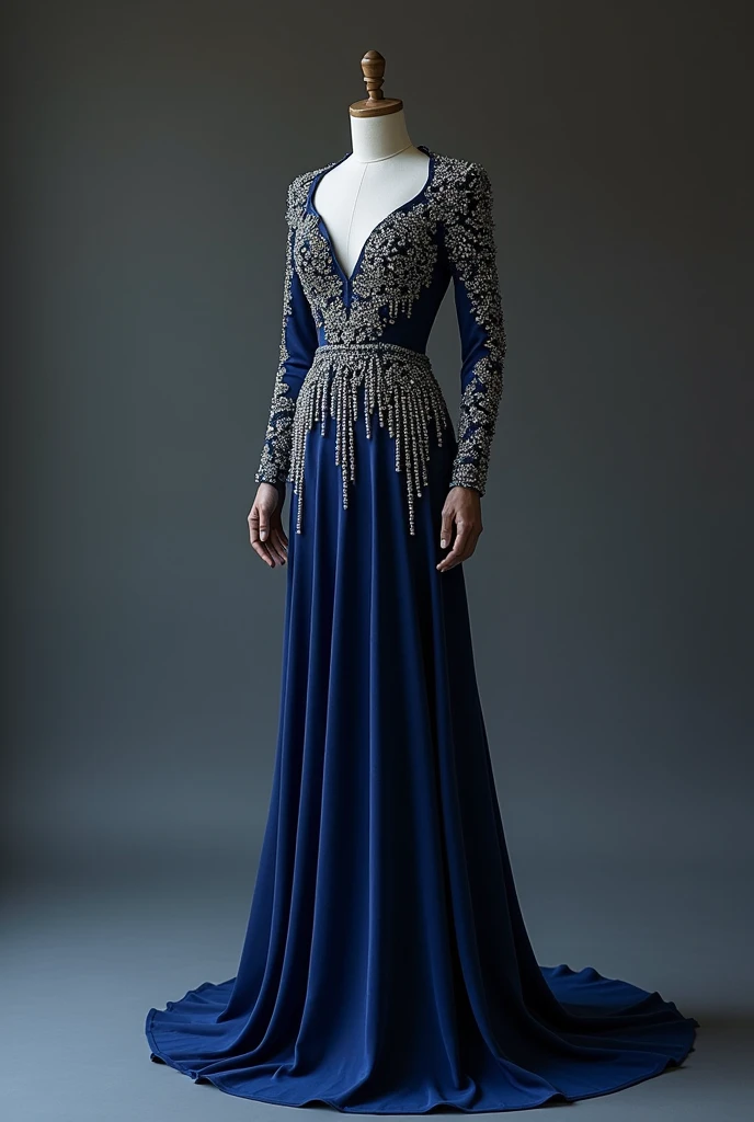 Robe bleu foncé, serre au corps mettant en valeur la silhouette féminine, la robe est longue et divine, décoré majestueusement avec des cristaux et des perles qui tombes comme des larmes, la robe doit être sur un mannequin sans visage, la robe est misterieuse et dramatique