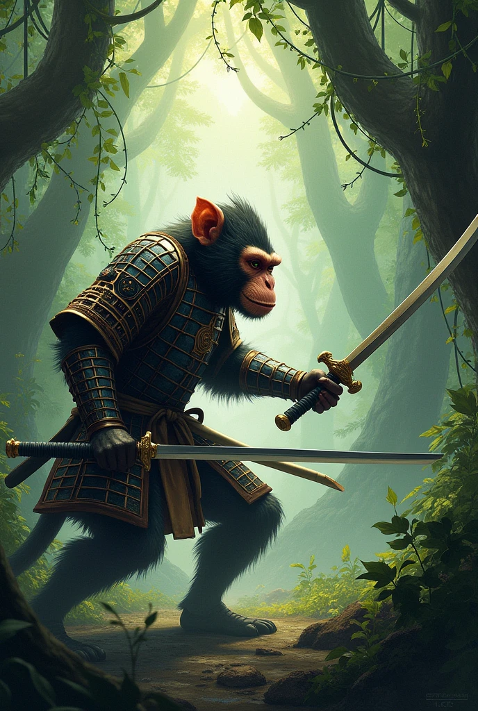 Monkey samurai fighting in the.middle of the jungle