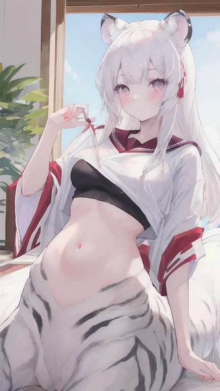 (best quality, masterpiece), 1 girl, centaur, I beg, White skin, Japanese girl, black pink, exposing the abdomen, belly button t-shirt , Beautiful girl perfect white tiger photo, perfect white tiger photo