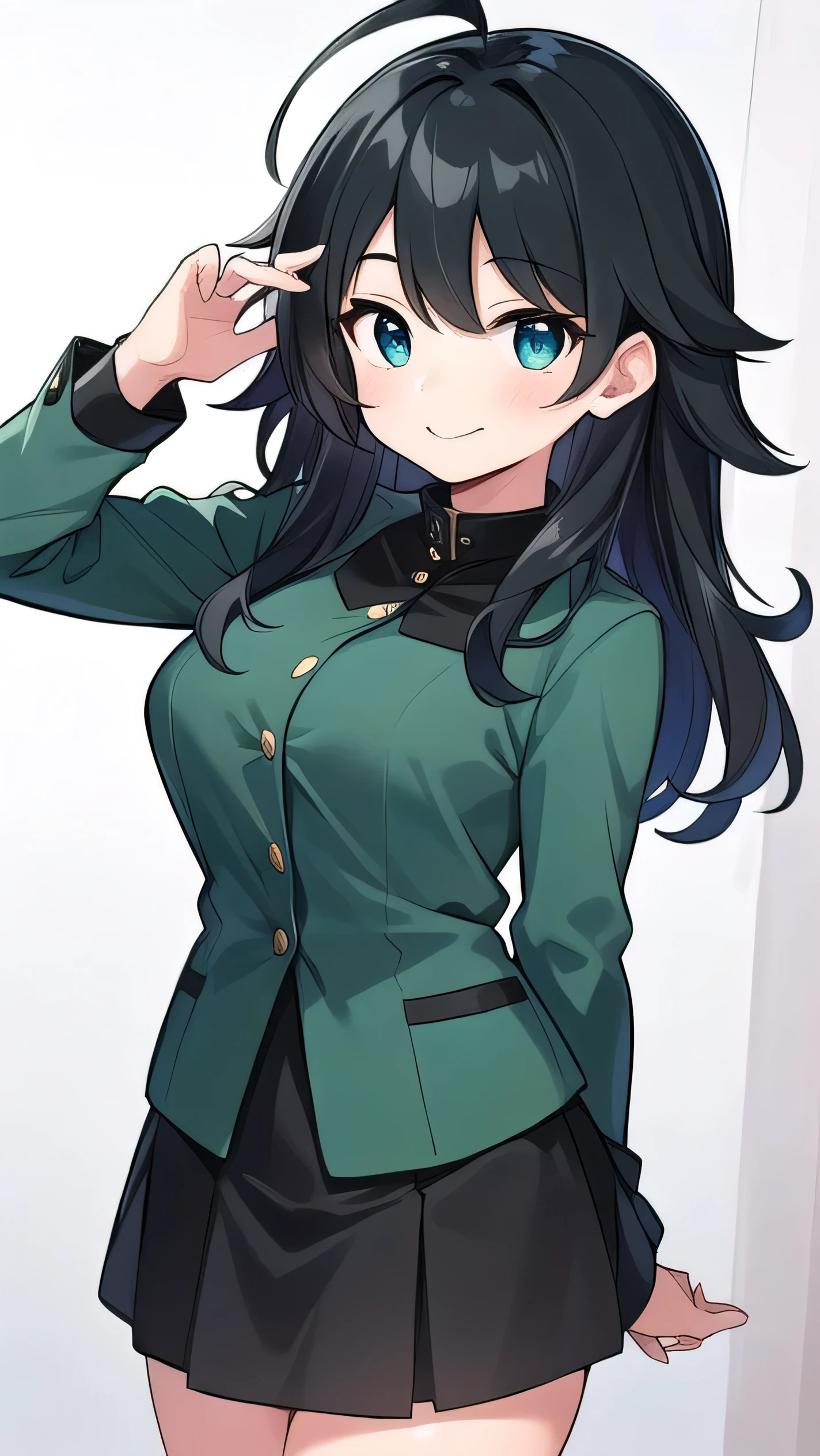  who looks like an elementary school student,l, black hair with a slight green tinge, short ahoge, beautiful long hair but with a little hair sticking out, beautiful round eyes, blue eyes, smile, boyish, long sleeves, Thick clothes, skirt, big breasts, hair longer than waist, long hair, childish face, gentle smile, a little shy, black skirt, black hair with a slight green tinge, boyish, gentle smile, jacket one size larger, ( Deep greenish black hair: 1.3)