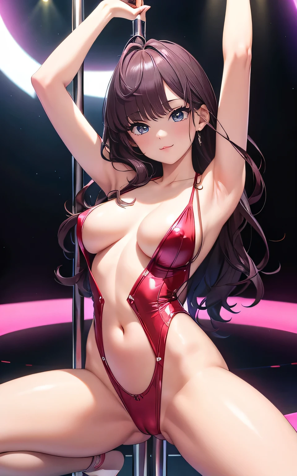 masterpiece, super fine illustration, best quality, light particles, ultra-detailed, 8K wallpaper, (bright colors:1.2), solo, (a woman), medium breasts, (blunt bangs:1.3), straight hair, shiny hair, shiny skin, delicate linestailed face, extremely beautiful red eyes, anime eyes, slant eyes, shiny eyes, seductive smile, blush cheeks, slingshot swimsuit, nipple, vagina, (pole dance:1.4), stage, nsfw, light up,