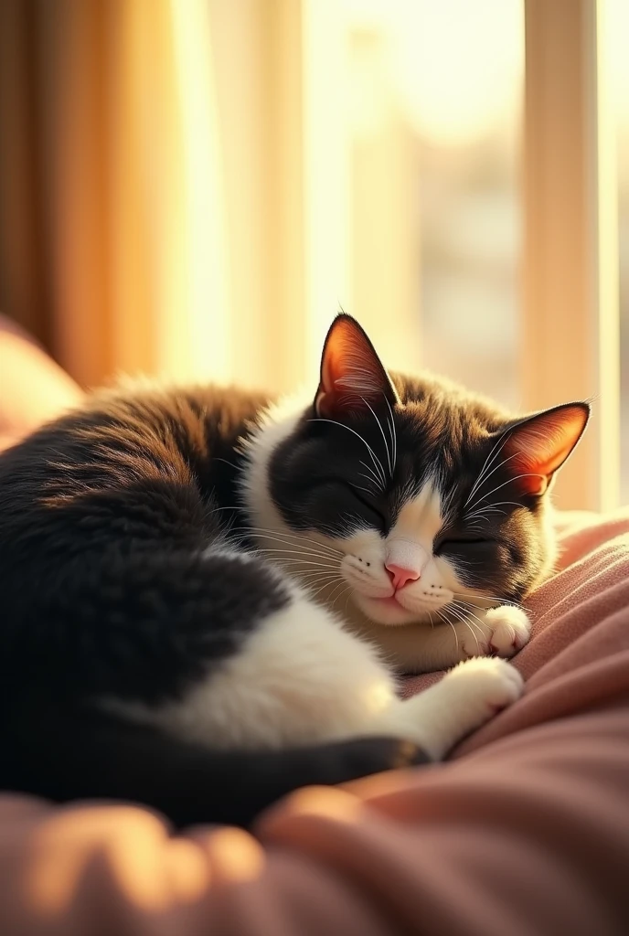 A chubby black and white cat is sleeping with the bright sunlight shining through the window