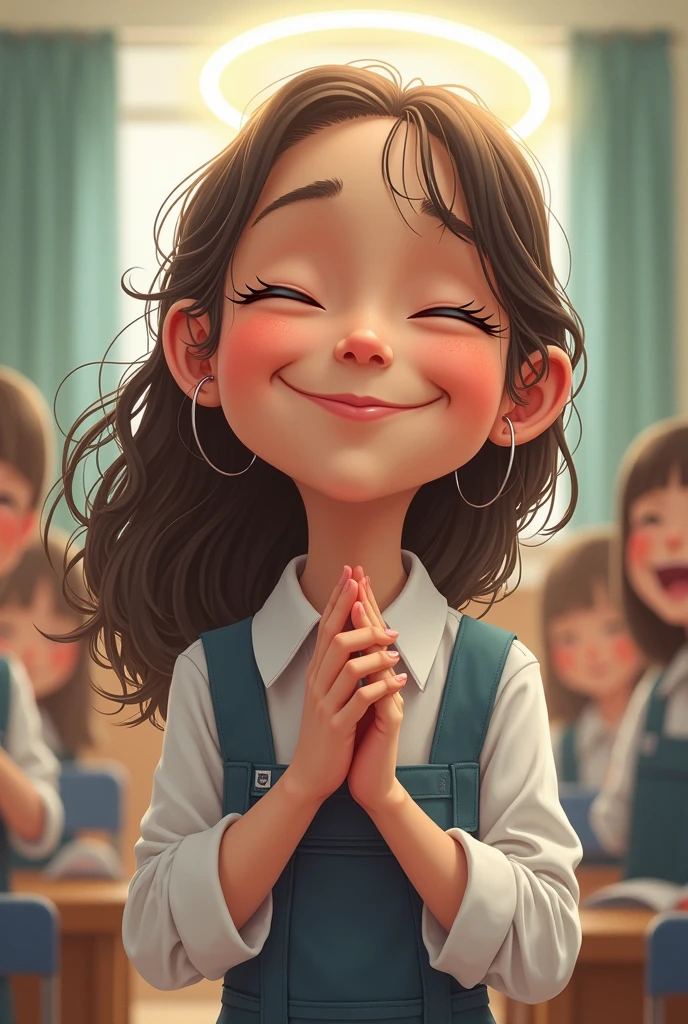 Make a caricature as a perpetualite striving to live as a perfect student, good child, righteous christian. Consider the factors that make you whole. (gender: girl) (bg: school) (Make the girl smily praying while eyes are closed) 