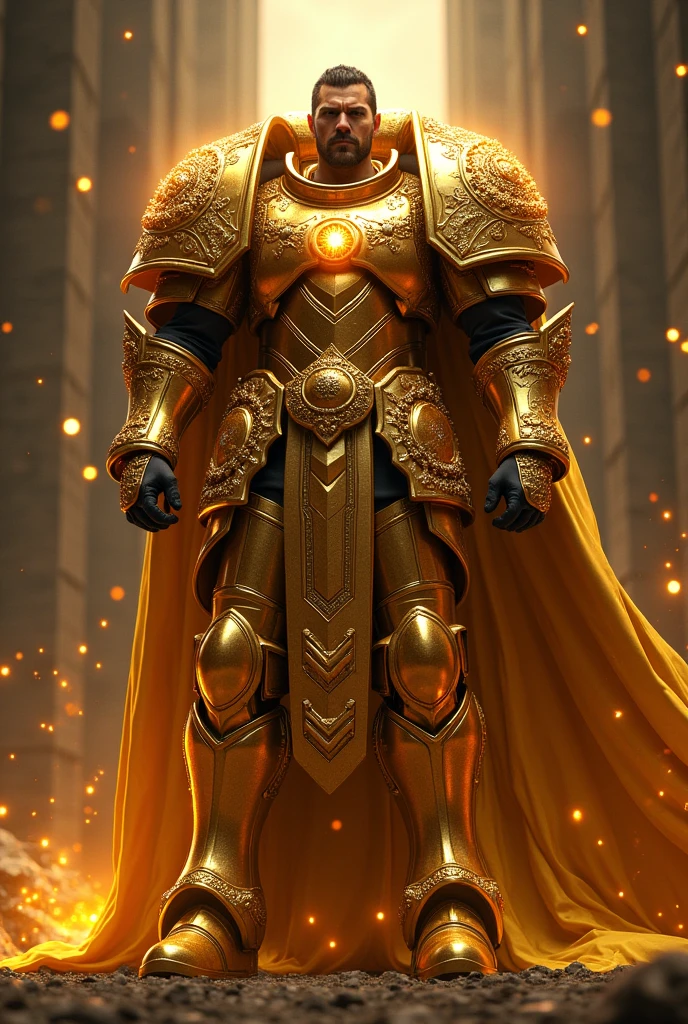 an image of a man in armor holding a sword, Artstation contest winner, golden armor with diamonds, the god emperor of mankind, wlop |, heroic fighter, anato finnstark. hyper detailed, light coming off of the armor, adeptus astartes, wretched and corrupted knights, brown armor, wlop and andrei riabovitchev