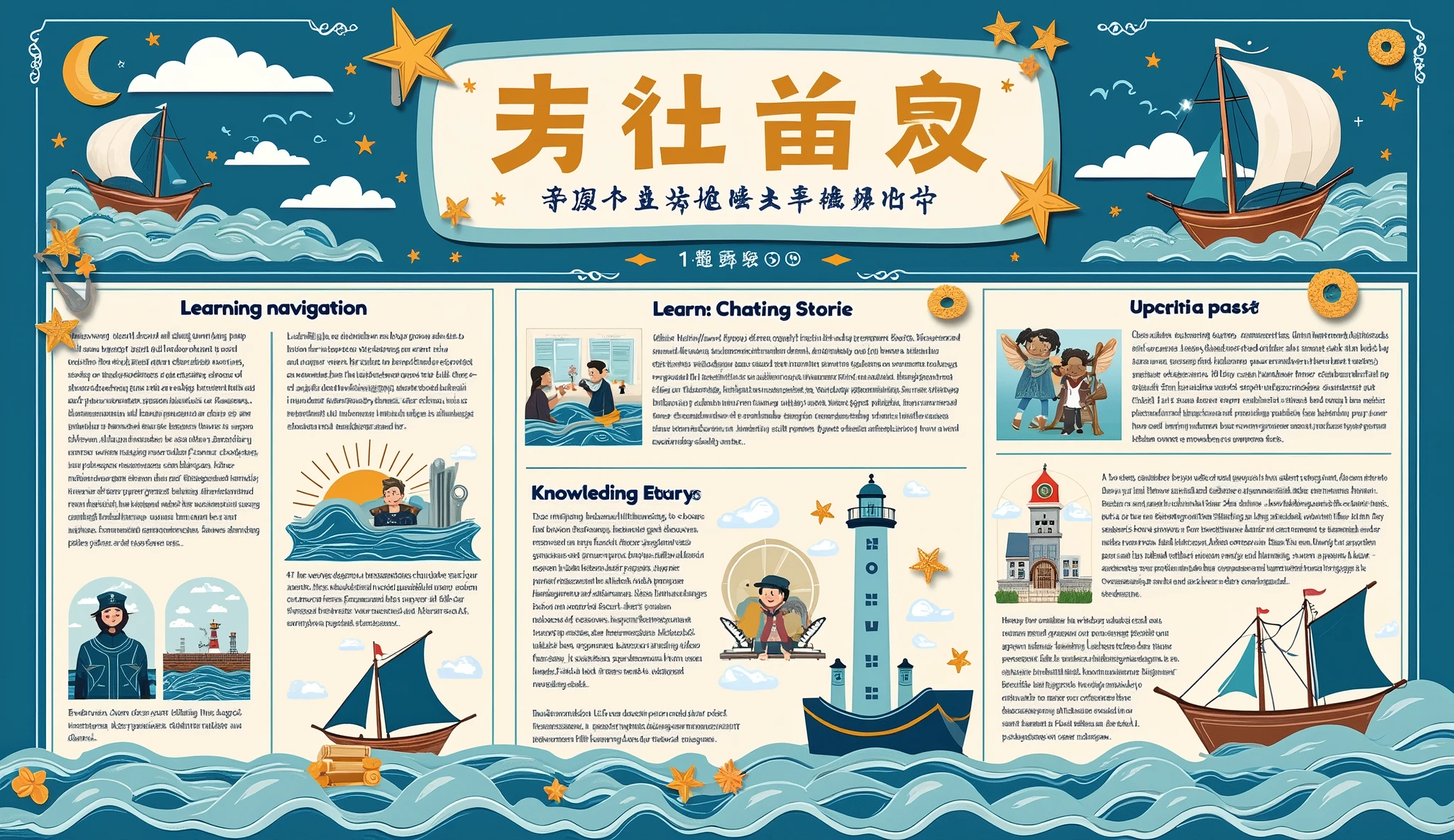 Designing a blackboard newspaper requires considering the richness of the content、Visual appeal and information communication effect。The following is a《Wisdom sails on the sea of learning,Chasing dreams again》Themed poster design,适用于Private Weiyu Middle School in Xuhui District, Shanghai(1)squad。
Main title of newspaper: Wisdom sails on the sea of learning,Chasing dreams again
副标题: Private Weiyu Middle School in Xuhui District, Shanghai(1)squad
布局设计
顶部区域:
Place the main title,Use large fonts,You can choose artistic fonts or handwriting style fonts,to increase the visual effect。
可以添加一些decorate元素,如Sail、Wave pattern,A voyage symbolizing wisdom。
Left area:
The Boat of Wisdom: 介绍squad级的学习成就和优秀学生的故事,Can be matched with a boat pattern,Each student's story is like the sail on the ship.,推动squad级前进。
Learning Navigation: List learning resources and methods,Recommended books、learning website、Learning methods, etc.。
Middle area:
Dream Chasing Story: 分享squad级成员的个人梦想和Dream Chasing Story,You can use small icons or illustrations to distinguish each person’s story.。
squad级荣誉: 展示squad级在学术、physical education、Achievements in art, etc.,Can use trophies、奖牌的图案来decorate。
Right area:
知识lighthouse: Introducing some findings、or cultural knowledge,可以用lighthouse的图案来象征知识的指引。
Upcoming Events: 预告即将举行的squad级活动或者学校活动,Can be used in the form of a calendar or event poster。
Bottom area:
squad级口号: Can be a motivational slogan,Such as "bravely moving forward,Smart Navigation。
squad主任寄语: squad主任对squad级的期望和鼓励,You can use warm language and patterns。
色彩与decorate
色彩: Use blue and white as the main colors,Symbolizes the ocean and wisdom,You can add gold as embellishment,Increase vitality。
decorate: Use Waves、Sail、lighthouse、book、星星等图案作为decorate元素。
To sum up:This is a horizontal junior high school blackboard newspaper design,Text embellishment on the background