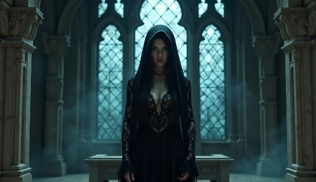 In the old stone temple、Sexy female reaper standing in front of the altar。She wore a thin black veil over her face.、Wearing an erotic lace dress。Behind her is a large stained glass window.、The moonlight at night casts mysterious patterns。Her eyes are deep blue、It exudes a quiet melancholy。The cold beauty of Death、Symbolizes the deep peace and serenity of meditation。Aiming for realistic depictions、The photo is in the highest resolution(8k)Please。