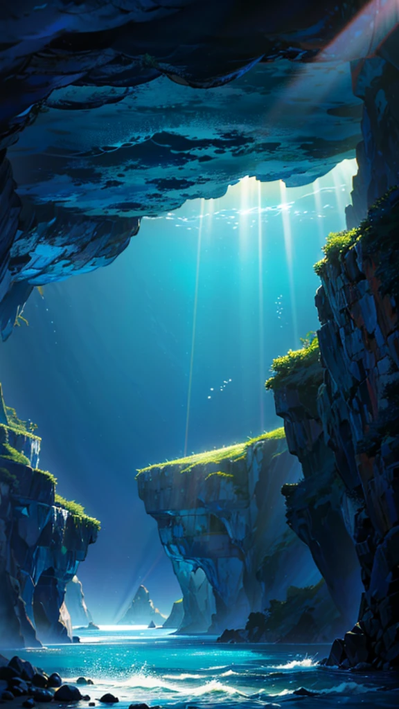 "In the sea, a mysterious underwater cave in an anime style, with shimmering blue and green light reflecting off the walls, creating a mystical atmosphere. Colorful coral and bioluminescent marine life fill the scene, and a gentle current carries small bubbles upward. The entrance of the cave reveals a view of the open ocean, with rays of sunlight piercing through the water. The setting is tranquil and awe-inspiring, capturing the beauty and mystery of the ocean."