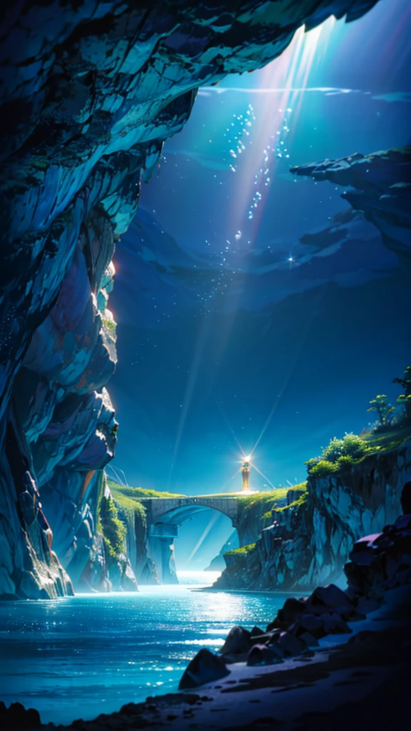 "In the sea, a mysterious underwater cave in an anime style, with shimmering blue and green light reflecting off the walls, creating a mystical atmosphere. Colorful coral and bioluminescent marine life fill the scene, and a gentle current carries small bubbles upward. The entrance of the cave reveals a view of the open ocean, with rays of sunlight piercing through the water. The setting is tranquil and awe-inspiring, capturing the beauty and mystery of the ocean."