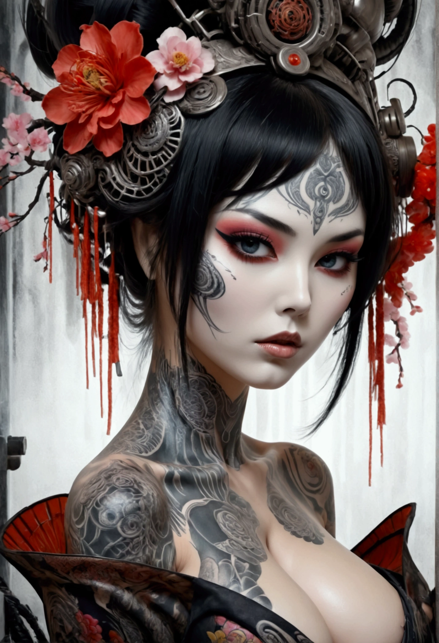 Stunningly gorgeous beautiful perfect hr giger inspired inspired tattooed sexy seductive lulu Geisha , perfect face, hyper detailed vibrant eyes, large breasts, full body view, nude, no color black and gray only,