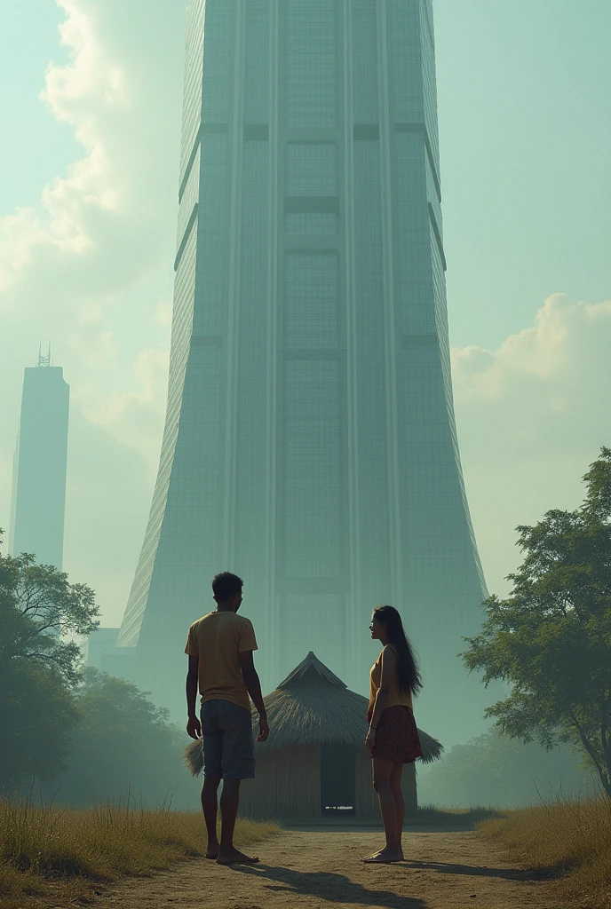 A hundred floors building and besides it a small hut and one is very happy and another one is crying in Bangladesh