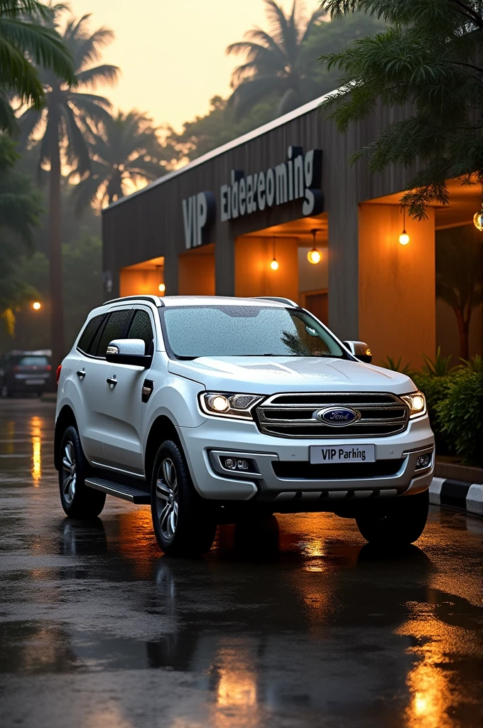 White Ford Endeavour 2012 model parked in attitude in a vip parking lot in monsoon during sunset