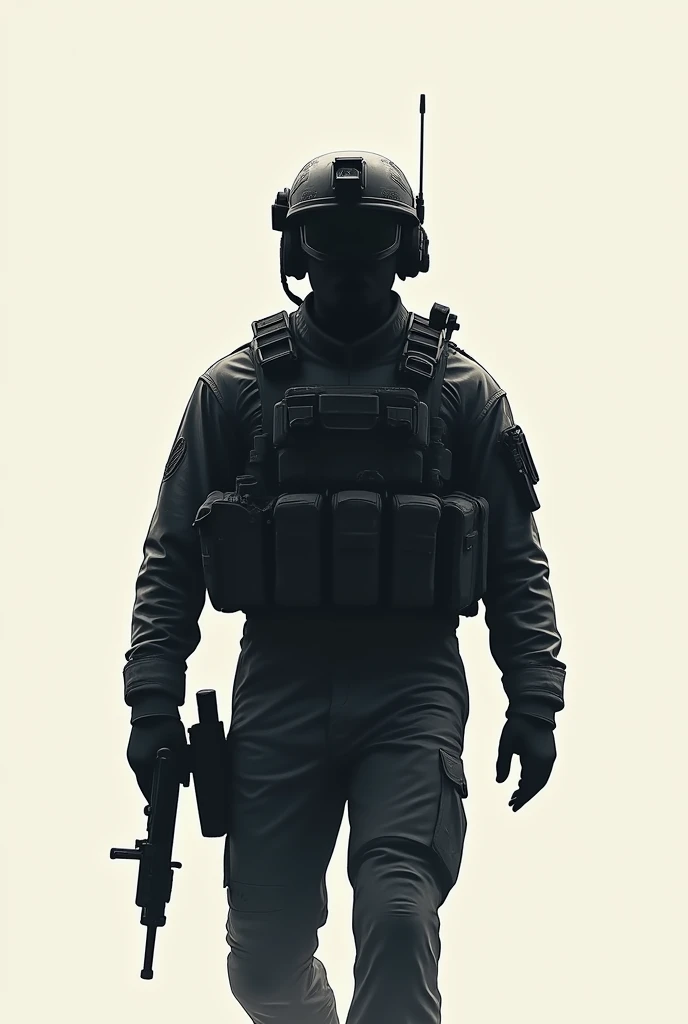 Create a minimalist design inspired by Call of Duty for a t-shirt. Focus on iconic elements like a soldier's silhouette, a tactical helmet, or military gear, using clean lines and simple shapes. The design should emphasize a sleek, modern look with minimal detail, perhaps incorporating subtle weapon outlines or tactical symbols. Use a monochrome or limited color palette to keep the design bold and impactful, while still maintaining the essence of the Call of Duty theme.