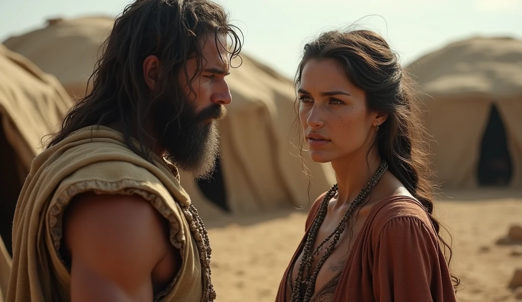 A highly detailed and realistic depiction of the wife of Cain in an ancient, primitive settlement. The background shows simple tents or shelters against a barren landscape. Cain, looking distressed and regretful, stands beside his wife, who looks at him with empathy and fear. The image captures the emotional tension and the deep bond between them, despite the fear of the unknown.