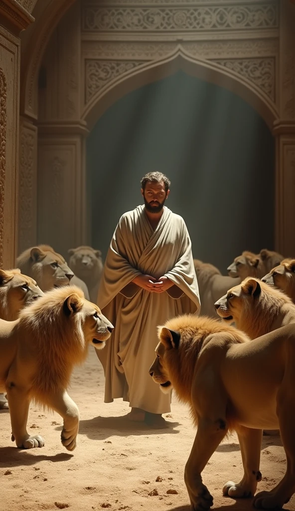 (Ultrarealistic 8k Image), (best qualityer), Daniel coming out of the lions&#39; den unharmed.