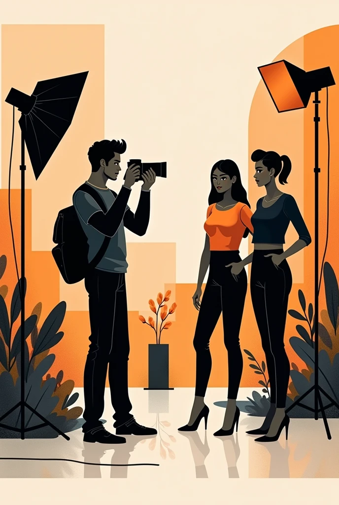 Illustration style，Two-color，black，orange，Photographer and several models