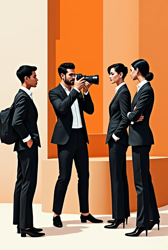Illustration style,Two-color,black,orange,Photographer and several models