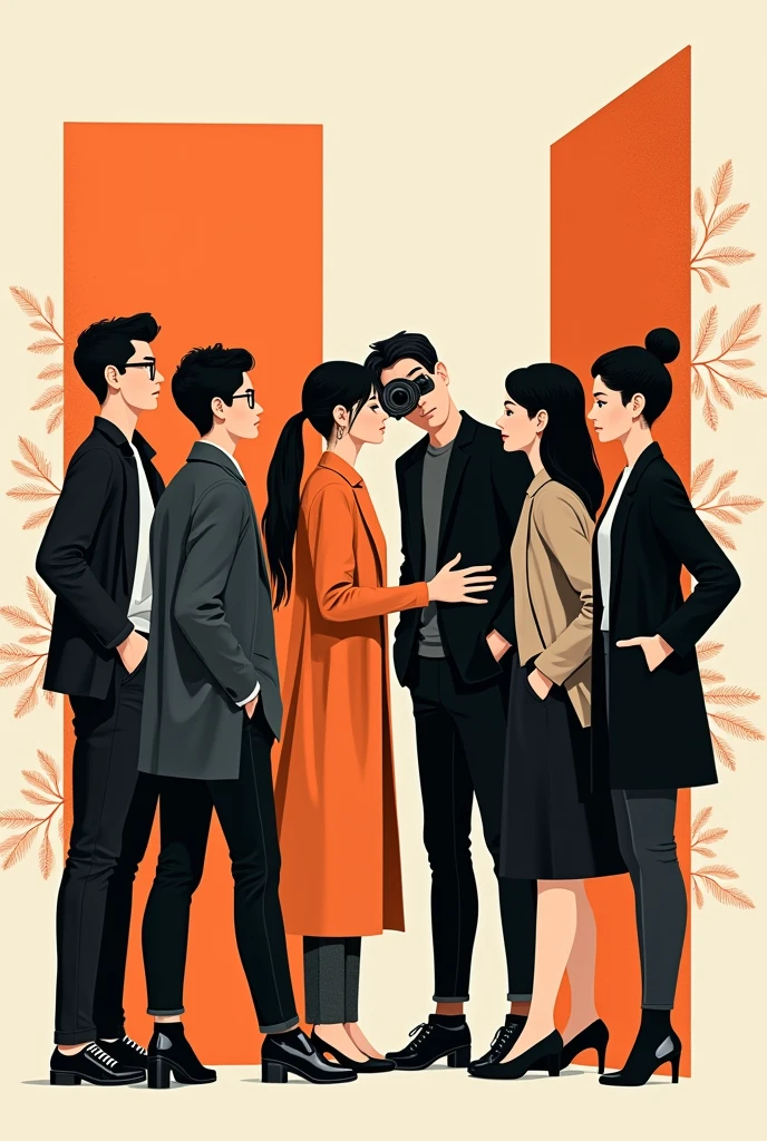 Illustration style，Two-color，black，orange，Photographer and several models