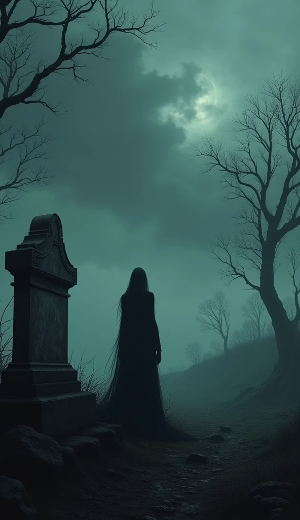 Generate a dark, atmospheric image for a Story inspired by the song *"The Cry of Mankind"* by My Dying Bride. The scene should depict a desolate, mist-covered landscape at twilight, with twisted, leafless trees and a lone, shadowy figure standing near a crumbling gravestone. The figure should exude a sense of deep sorrow and isolation. The sky is overcast, with dark, rolling clouds, and a faint, eerie light breaking through. The overall mood should evoke melancholy, despair, and the haunting beauty of a world steeped in sadness.