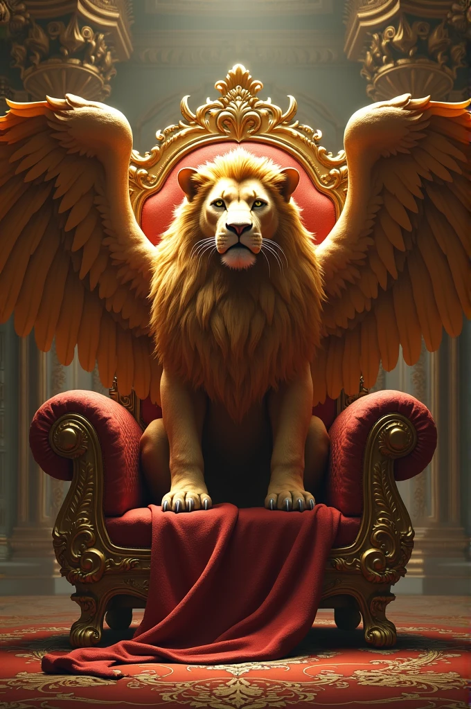 A lion with wings sitting on chair