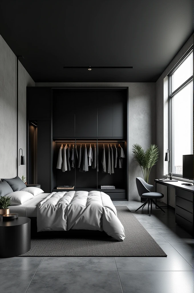 A large gray and black bedroom in the middle of the room, a double bed in the left corner, a closet with several modern clothes, a round zinc table, a pedestal in the right corner of the bed, in front of the bed, a television in the right corner, a window with a balcony and in the right corner, a bathroom on the wall of the room, a table with an epol notebook, all zinc and black. 