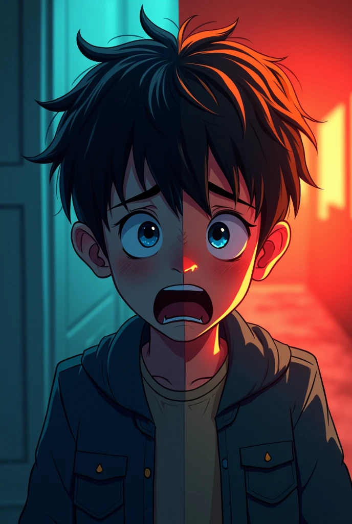 "Create a suspenseful, thriller-themed thumbnail divided into two halves. The left half should depict a dark, eerie, haunted house with a tense, frightened boy. This side of the boy should show him in disheveled clothes, with fear in his eyes and a tense expression. The haunted house should have a spooky, run-down appearance with shadows and a foggy atmosphere. The right half of the thumbnail should contrast sharply, showing a bright, colorful, happy place. Here, the boy should be in good clothes, with a wide smile and a relaxed expression. The background on this side should be vibrant and lively. The overall composition should be mysterious and intriguing, drawing viewers in with the contrast and hinting at a suspenseful, thrilling story."