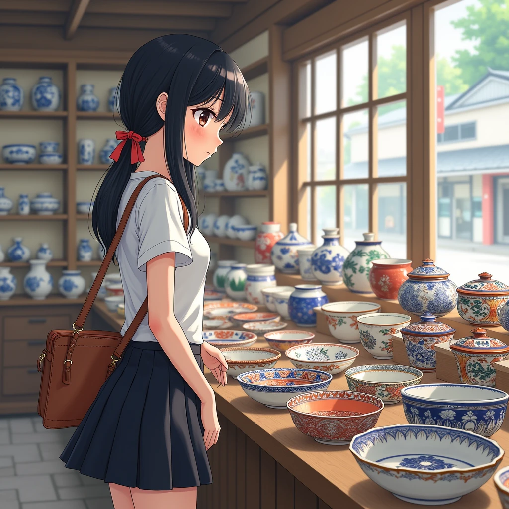 Anime Style, Photorealistic Background,
A girl looking at ceramics, Place your hands in front of your thighs.
She is wearing a white blouse with short sleeves and no frilled collar..
She is wearing a black flared skirt with no pleats.
She is wearing Casual clothes.
Her hair style is low twintails, low pigtails, with red ribbons, very long and black.
Bag on the shoulder, Late teens, Small breasts, Has dark brown eyes.
trip, Japanの陶磁器, Kutani ware plate, Bowl, Cup, shop, indoor, Japan, door, window, street,
Summer vacation, Daytime.
from side.