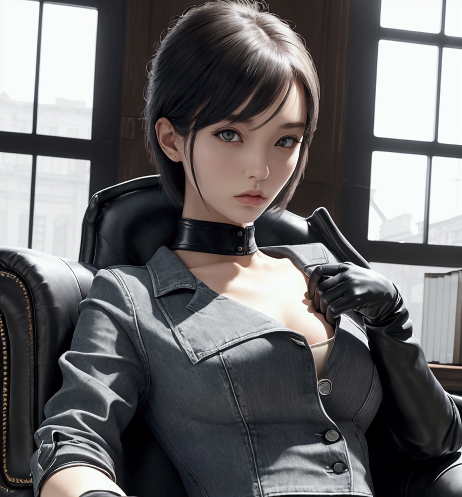 ((1:women)), realistic photo, perfect human body, great detail on the skin. Small breasted woman, slim, athletic. Clothing gray denim short jacket, a white blouse, black miniskirt Japanese school cut, black leather gloves. Armchair in library with large windows and lots of light.