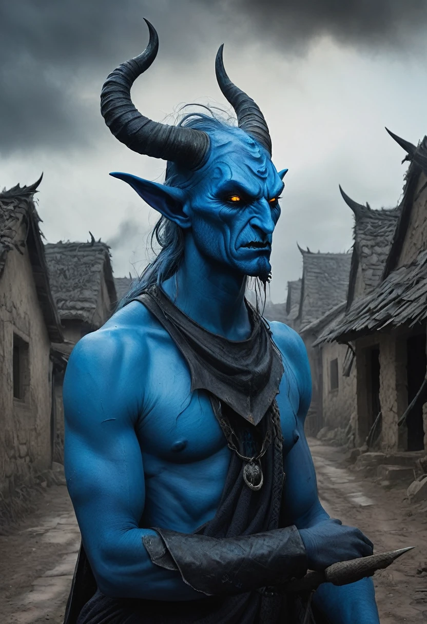 destroyed village, Mediovale, grimdark, blue skinned demons with horns suffering in misery, divine call to return