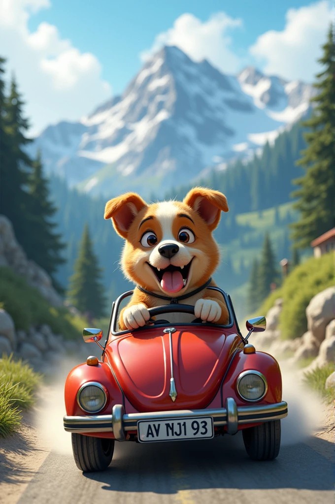 A dog drives a car in the mountains of Austria