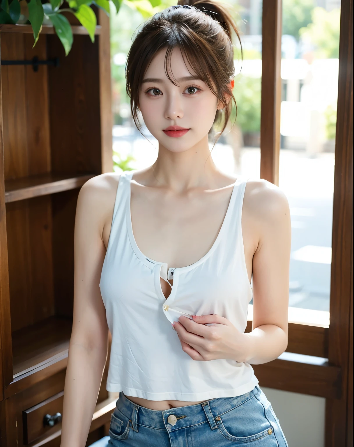 photo realistic, masterpiece, Top quality, ultra-detailed, an extremely delicate and beautiful, cowboy shot, White tank top, shorts, 1 beautiful woman,35mm lens,f/1,(large chest:1.5), neat makeup, A slight smile, Ponytail, In the city