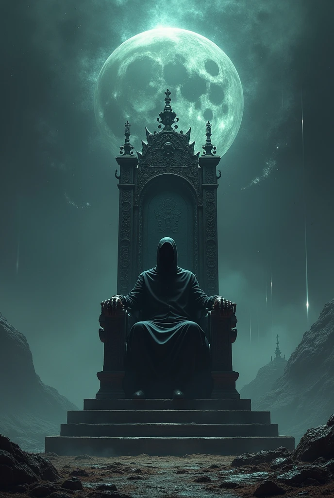 Back side of a throne with a man sitting on it in aplanet which is dark