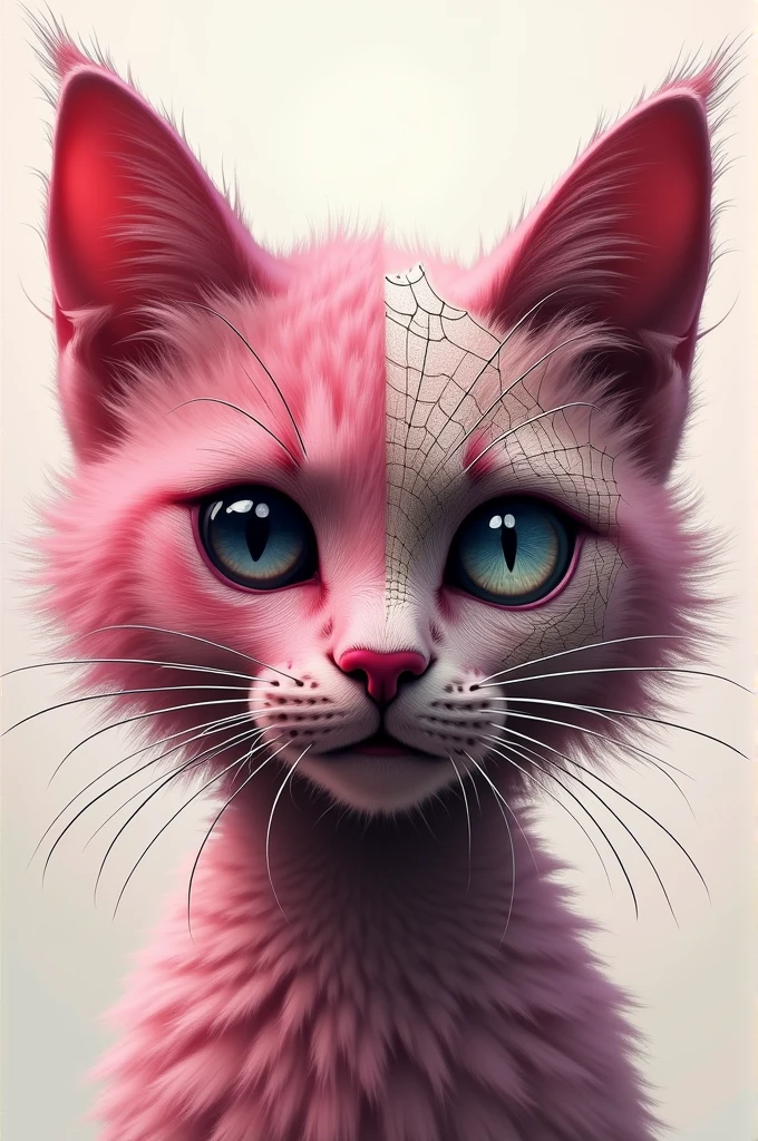 I want an icon, half face of a dark pink fur cat, long and sharp mustaches, the other half of the face should be a paler pink. The eye on the pale pink side will be black, and a spider web path will form from it that extends across half of the face, the other half has red eye