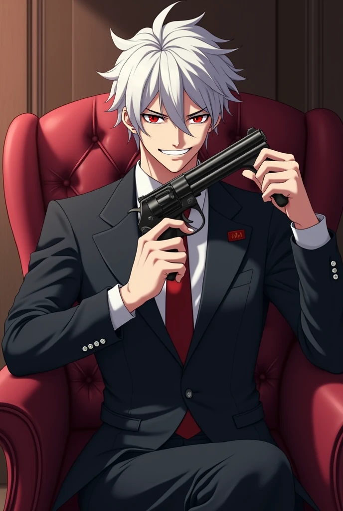 Man with white hair and red eyes, with a slight psychopathic smile, with formal suit, in a room, sitting on a comfortable, pointing a drum-loaded revolver at the side of the head. cheered up. anime.