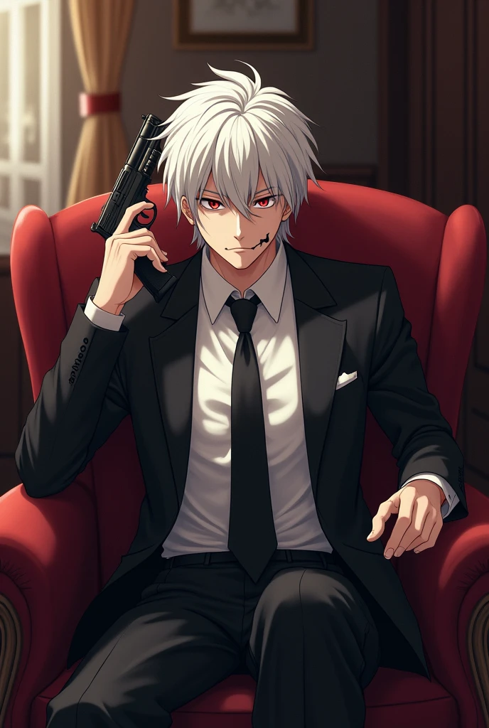 Man with white hair and red eyes, with a slight psychopathic smile, with formal suit, in a room, sitting on a comfortable, pointing a drum-loaded revolver at the side of the head. cheered up. anime.