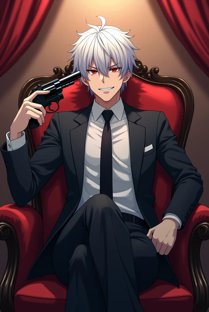 Man with white hair and red eyes, with a slight psychopathic smile, with formal suit, in a room, sitting on a comfortable, pointing a drum-loaded revolver at the side of the head. cheered up. anime.