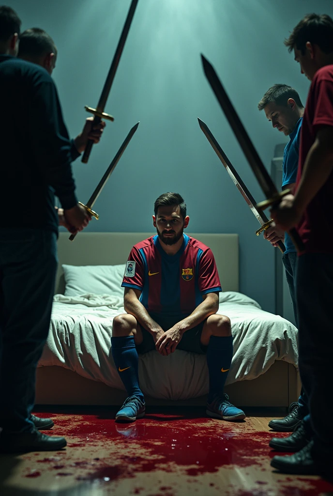 Everyone took their swords and ran to attack Lionel Messi. And Lionel Messi was left in despair, sitting on his friend's bed with his blood on it.