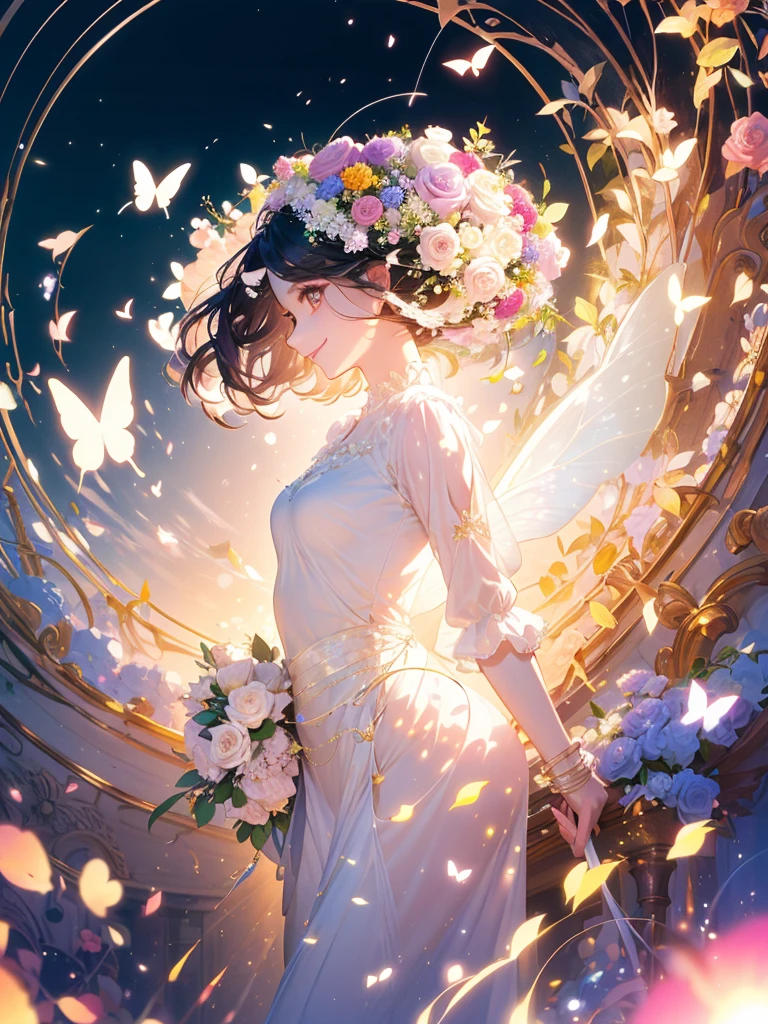 (masterpiece、Highest quality、Highest quality、Beautiful and beautiful:1.2)、(Excellent anatomy:1.5)、Milky white straight hair girl、Butterfly Fairy、Floral costume、A gentle gaze、A kind smile、A radiant smile、Sparkling eyes、profile、Flowers and leaves on head、Holding a bouquet、Surrounded by lots of roses、Rose Garden