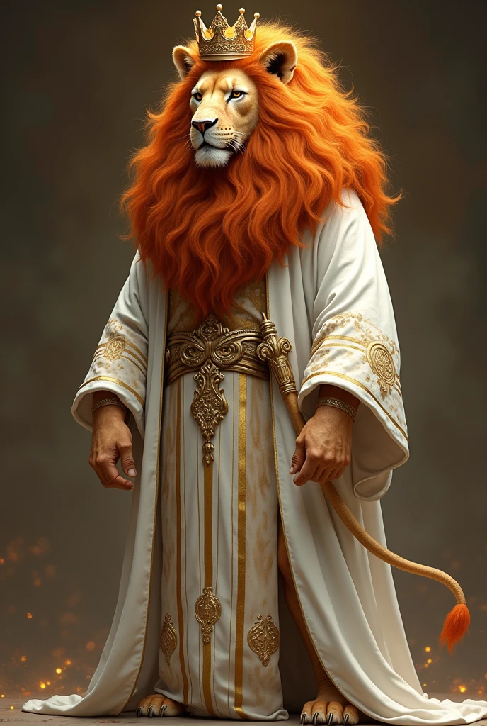 If the star sign leo was a lion shifter, hes very regal he wears a crown and has a golden lined print robe and his main color accent is white his mane is wavy and looks like fire he has lose robes and doesnt really care about how regal he looks he just wears them for comfort his robes are white and his mane is fire his entire body is lion