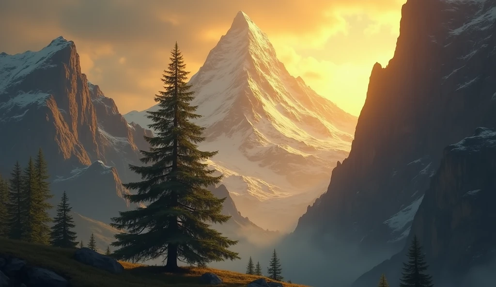 A golden mountain and a welcoming pine tree