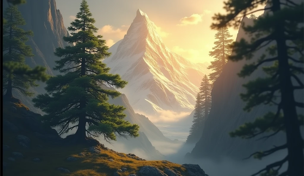 A golden mountain and a welcoming pine tree