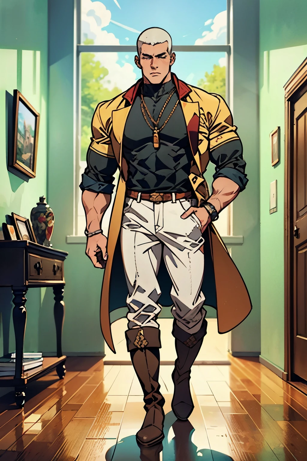 In the backdrop of an ancient fantasy-reality setting, a youth sporting a platinum crew cut displays a piercing gaze and confident demeanor. Adorned in a two-piece fusion outfit, seamlessly blending Western and Eastern influences, he wears a snug dark top paired with a vibrant yellow-blue short jacket. The lower half features loose white utility pants, and his sturdy long boots echo through the corridors of an antiquated architectural landscape. The overall aesthetic captures the essence of a refined and mature anime-inspired  rogue, symmetrical face, extremely detailed eyes and face, high quality eyes, high definition, highres, ultra-fine painting, exquisite and mature, extremely delicate, professional, anatomically correct, creativity, UHD, HDR, 32k, Natural light, cinematic lighting, best shadow, masterpiece-anatomy-perfect, best quality, masterpiece, ultra-detailed