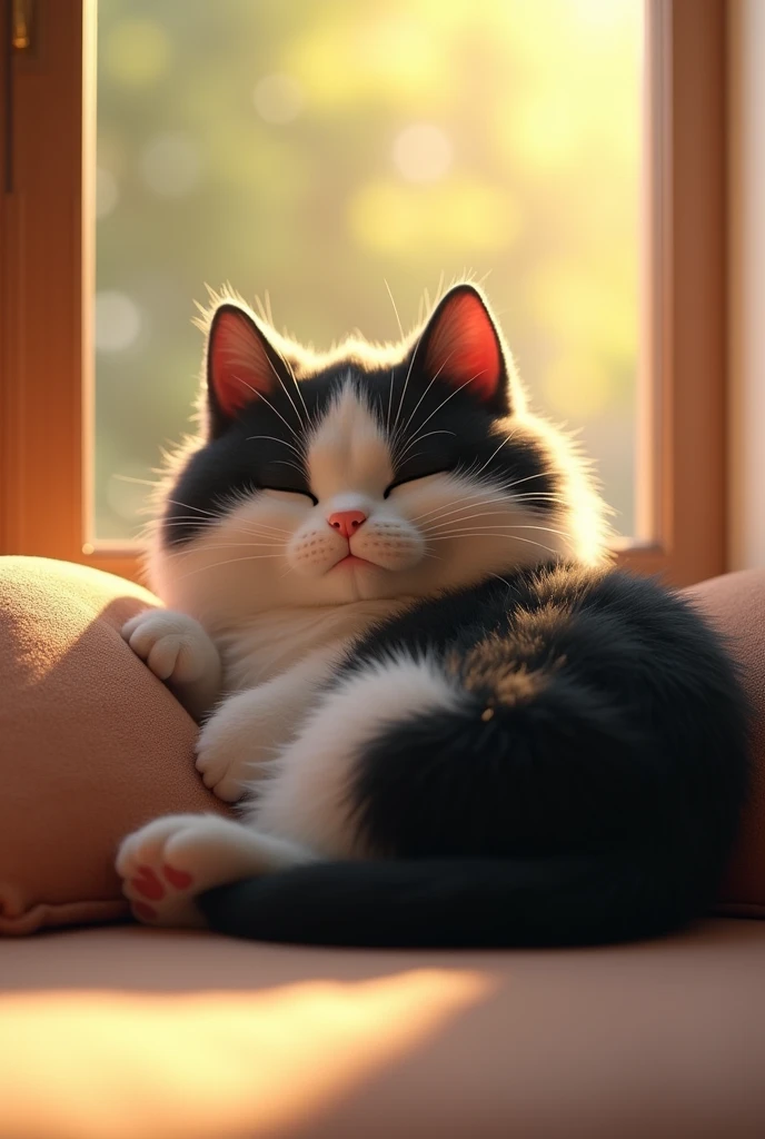 A chubby black and white cat is sleeping with bright sunlight shining through the window 3d