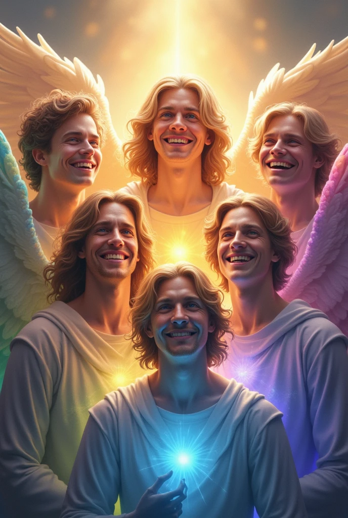 Image of the 7 archangels with male human faces each with its own color, smiling, protectors of the earth,