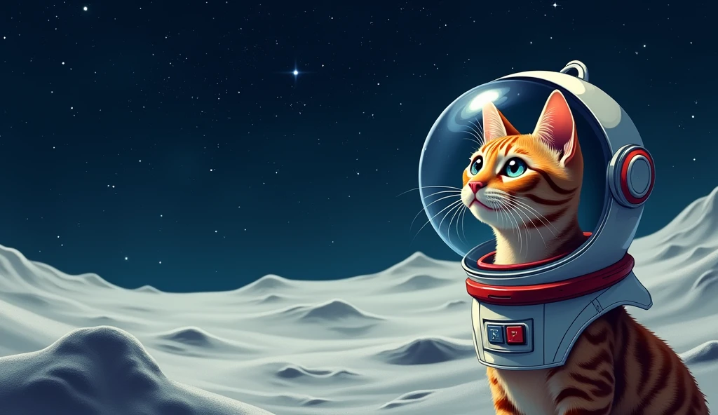 Cat looking up at the stars,Bengal cat,Wearing a space suit hat,Cat on the lower right,The ground is full of craters,On the Moon。Be careful not to let the cat's whiskers go through the helmet