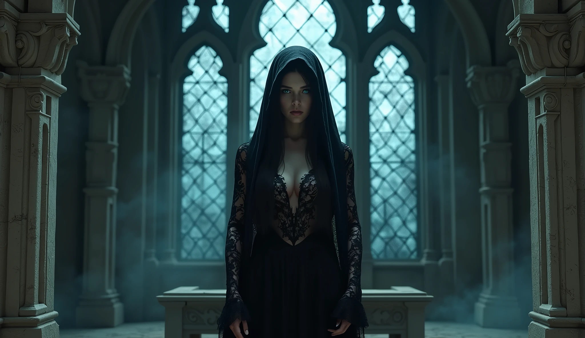 In the old stone temple、 female reaper standing in front of the altar。She wore a thin black veil over her face.、Wearing an erotic lace dress。Behind her is a large stained glass window.、The moonlight at night casts mysterious patterns。Her eyes are deep blue、It exudes a quiet melancholy。The cold beauty of Deatbolizes the deep peace and serenity of meditation。Aiming for realistic depictions、The photo is in the highest resolution（8k）Please。